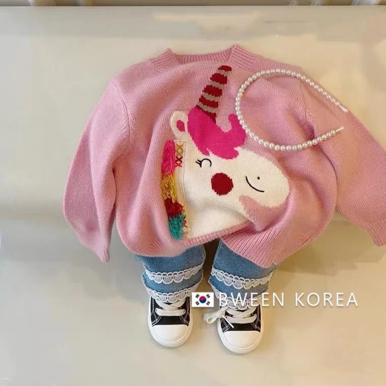 韩国童装女童套装秋季2023新款粉色毛衣刺绣儿童洋气时髦针织衫