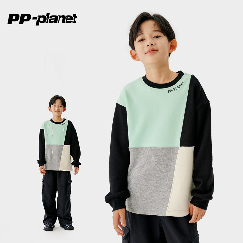 PP星球男童洋气拼接加绒卫衣圆领儿童秋冬宽松休闲中大童卫衣