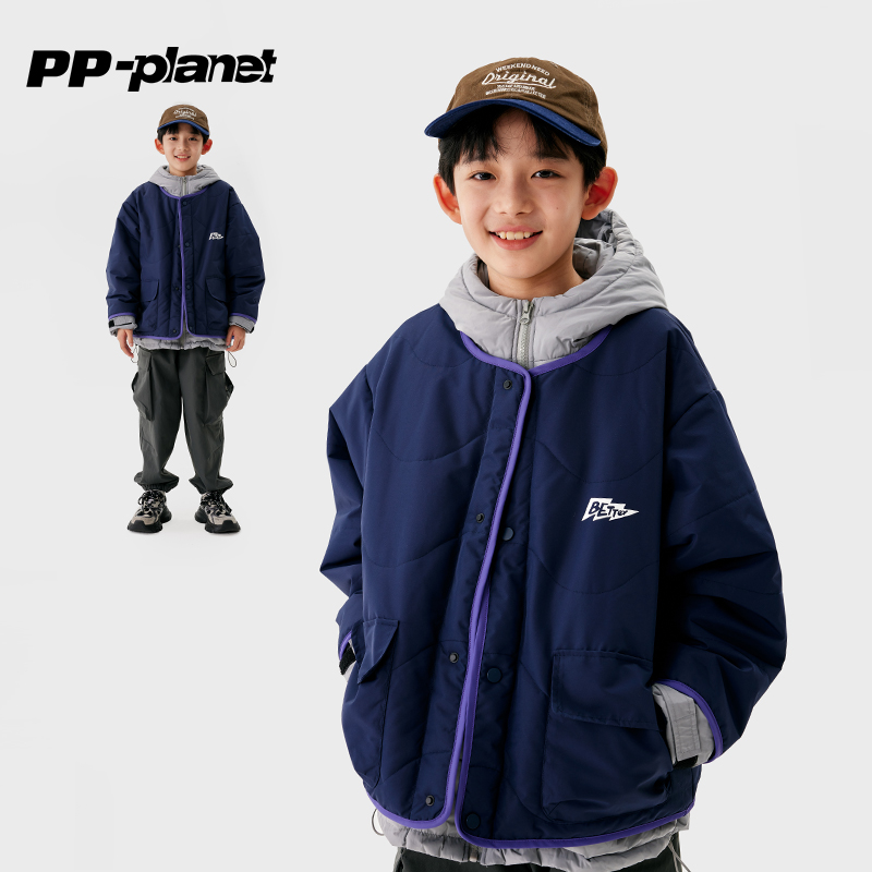 PP星球儿童新款秋冬款假两件棉服中大童百搭连帽防风棉衣外套