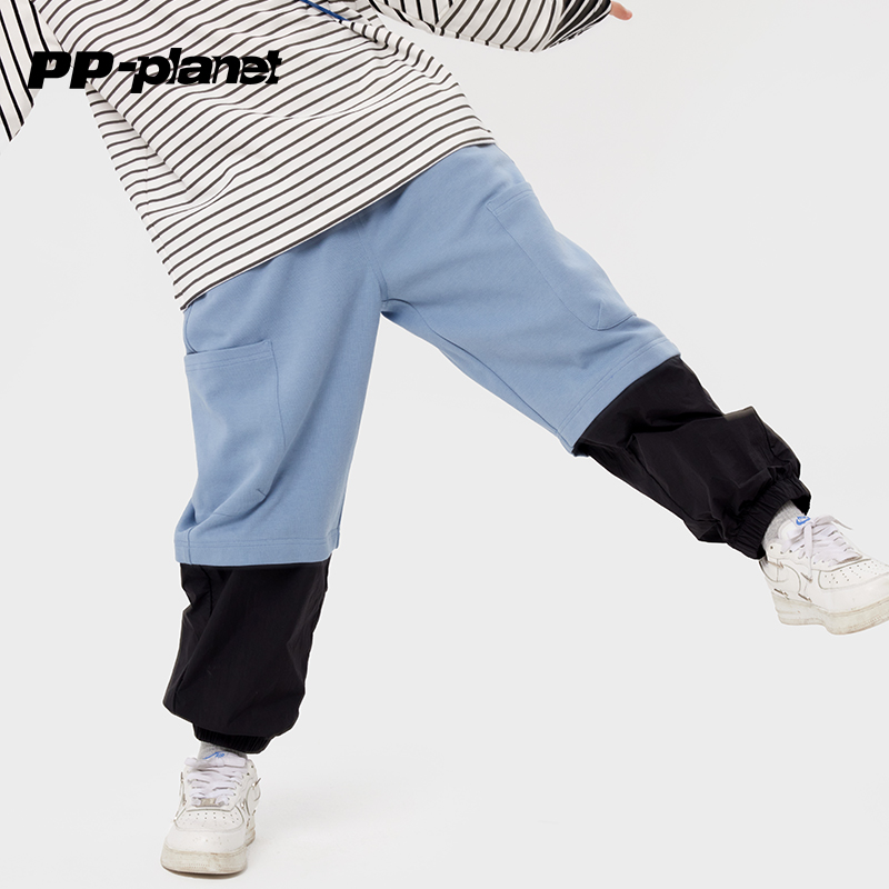 PP星球男童春秋款假两件运动工装裤儿童束脚长裤中大童休闲裤