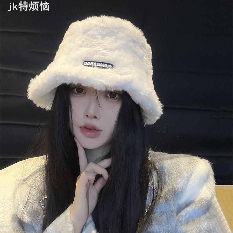LACAH白色毛毛渔夫帽子女秋冬新款显脸小毛绒渔夫帽保暖韩版水桶