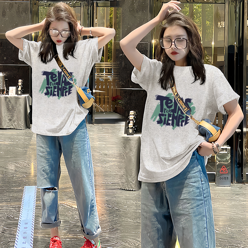 时尚短袖T恤女纯棉夏季潮流潮牌学生宽松休闲百搭中长款大码显瘦