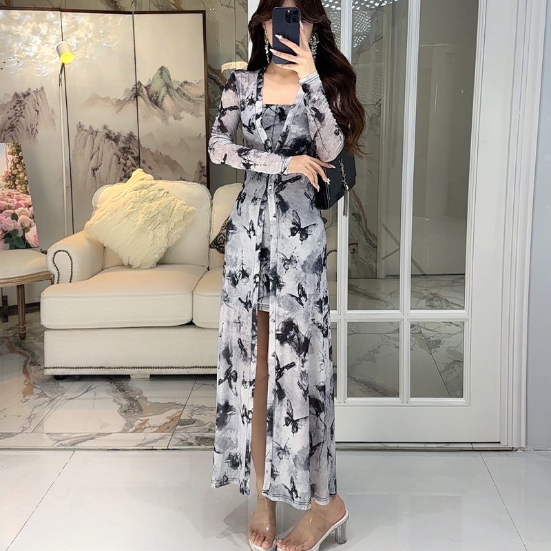 轻奢气质女人味挂脖吊带长袖浮生若梦显瘦修身性感百搭开衫连衣裙