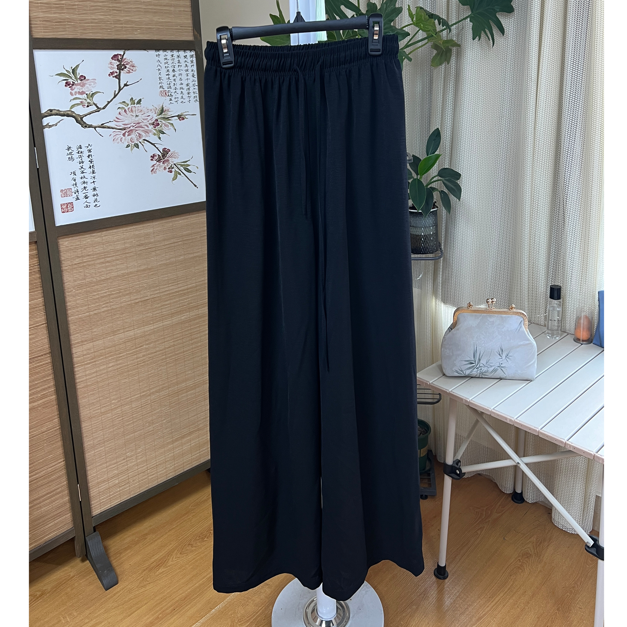 2024新款棉麻纯色松紧腰夏季舒适显瘦裤子女百搭宽松阔腿裤