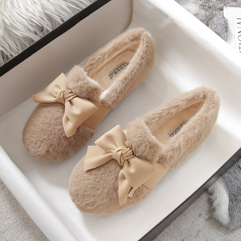 毛毛鞋女秋冬外穿厚底2023年新款加绒豆豆鞋兔毛棉瓢鞋小码33 34
