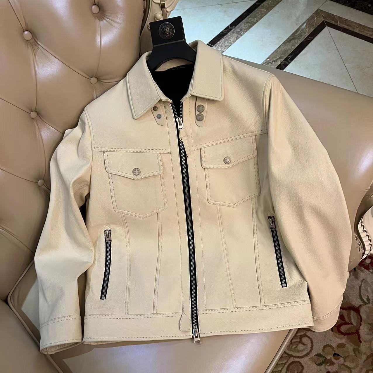 2309  TF家性感总裁机车山羊皮皮衣时尚男士休闲真皮翻领夹克