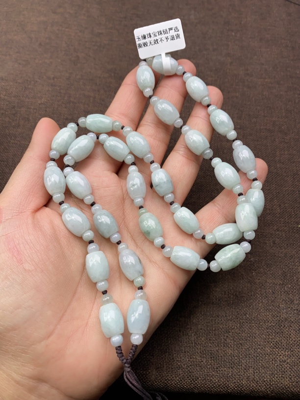 天然缅甸翡翠A货路路通筒珠大米珠9x13mm白色长链百搭