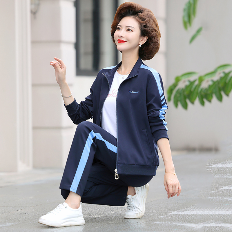 中老年妈妈春秋装时尚宽松外套上衣女休闲运动服套装中年两三件套