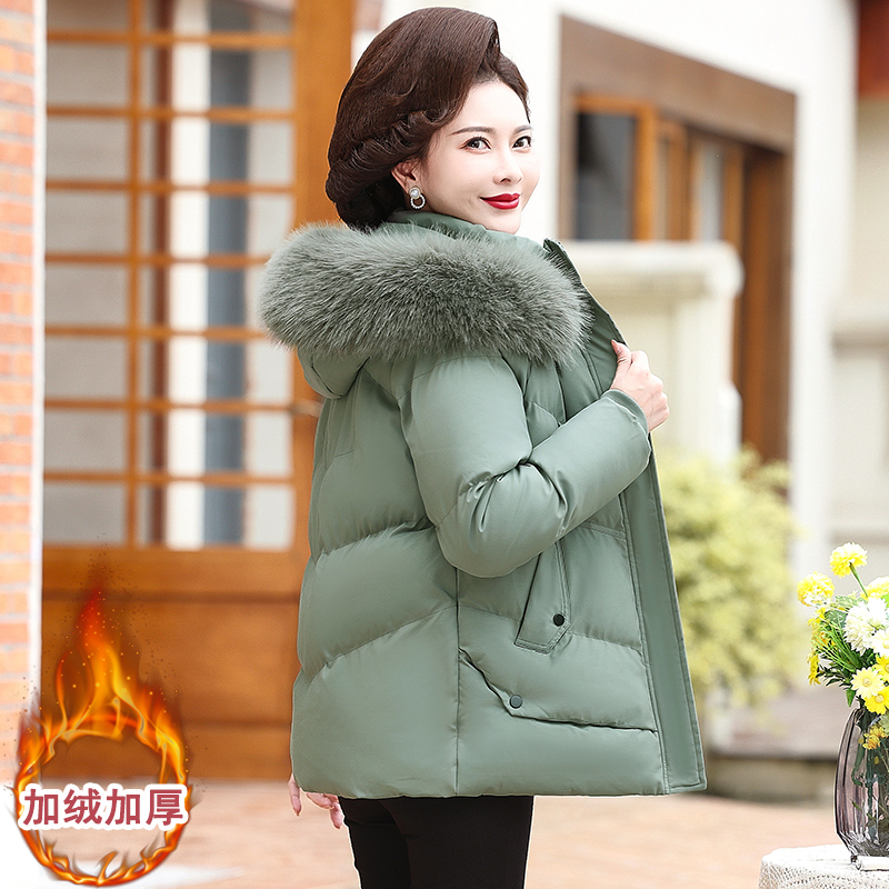 中老年妈妈冬装时尚短款棉服加绒加厚棉衣外套女冬季大毛领小棉袄