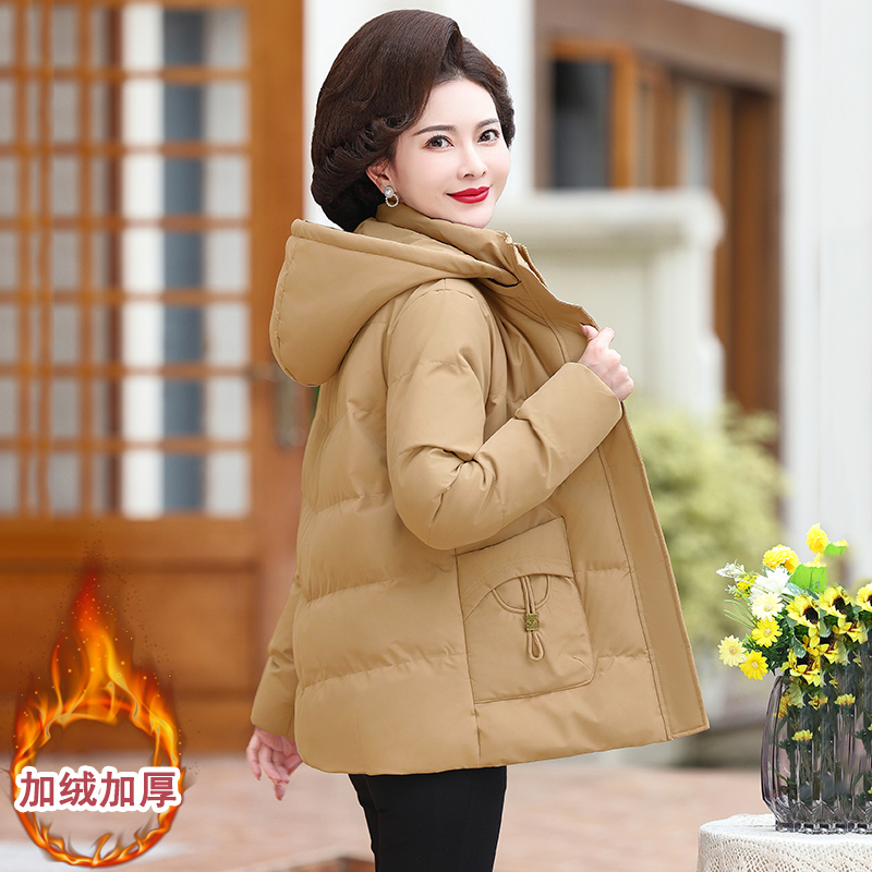 中老年妈妈冬装短款连帽棉服女加绒加厚棉衣外套中年冬季小棉袄
