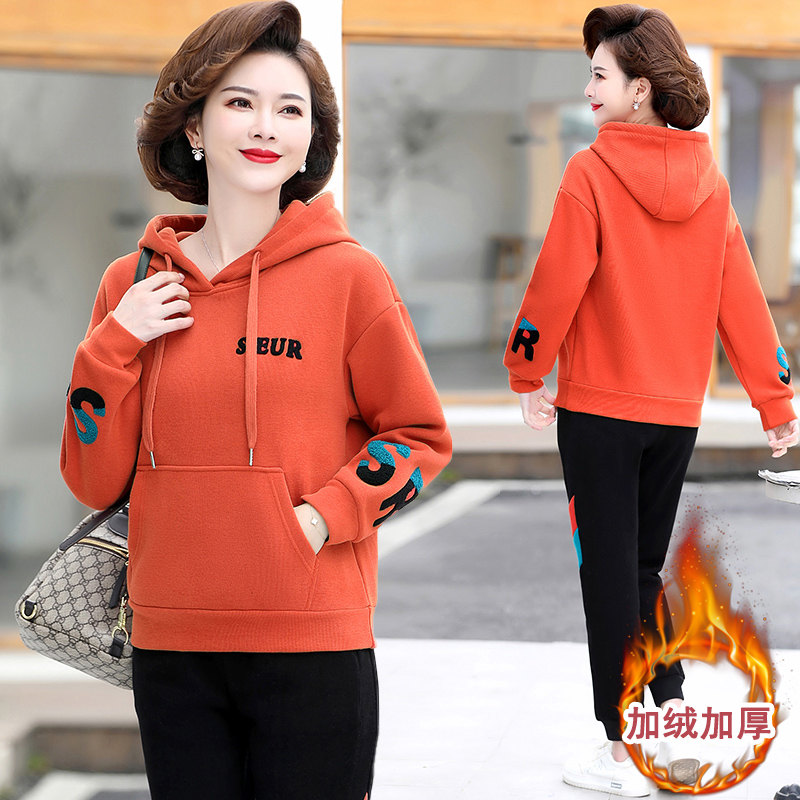 秋冬装中老年妈妈休闲运动服女冬季加绒加厚保暖卫衣裤子两件套装