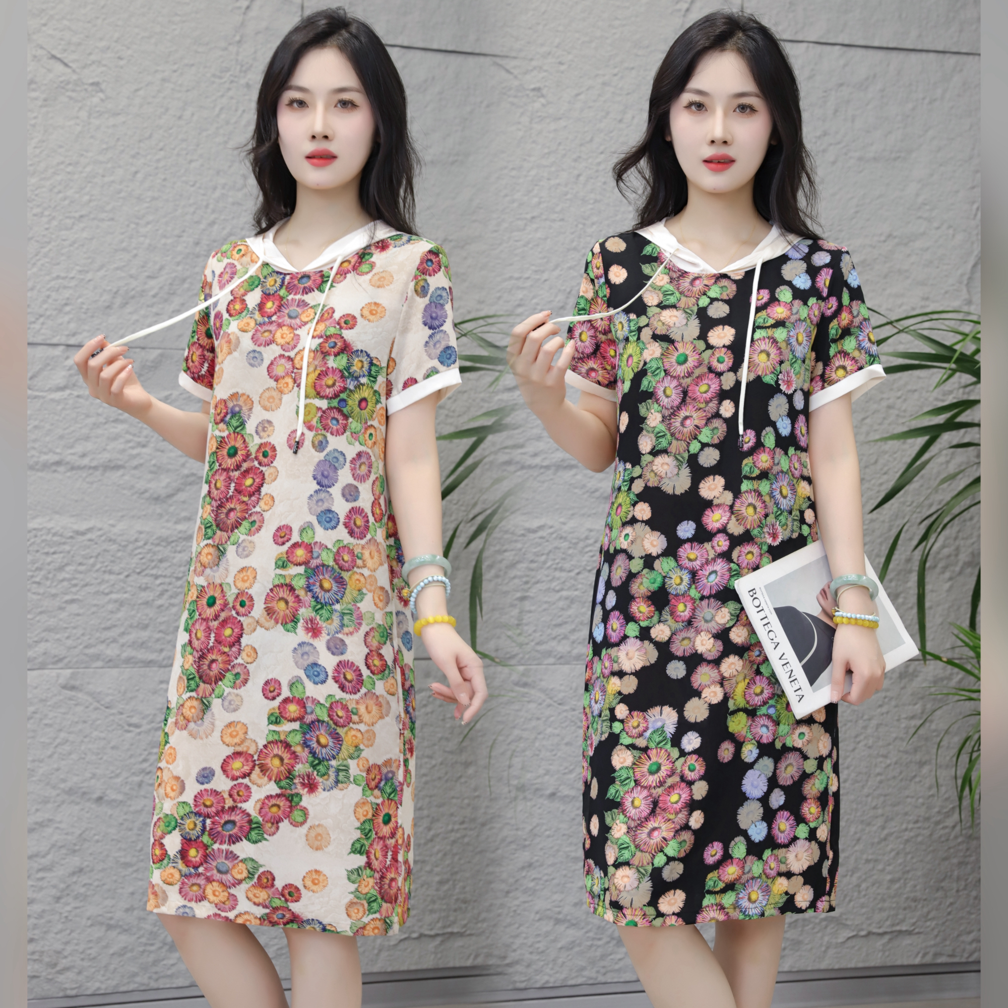 夏季新品连帽七色花亲肤透气短袖连衣裙001#