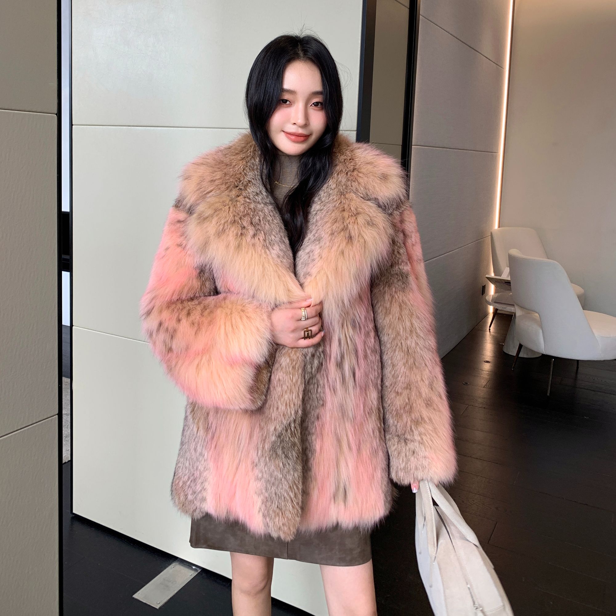 2024新款时尚LYNX气质百搭冬季皮草水貂外套连帽显瘦