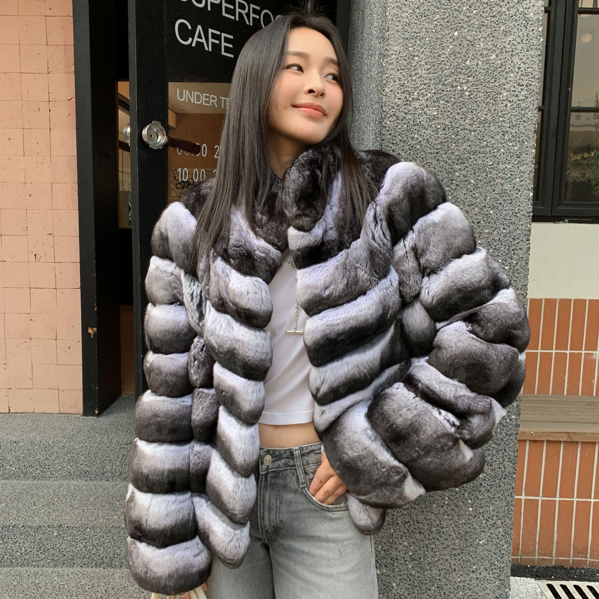 新款时尚龙猫青紫蓝气质百搭冬季皮草水貂外套连帽显瘦立领