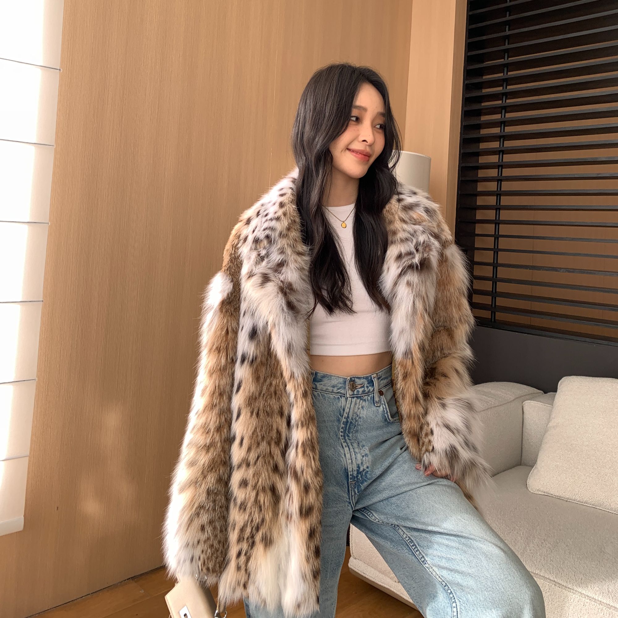 2024新款时尚LYNX气质百搭冬季皮草水貂外套西服领大衣显瘦长款