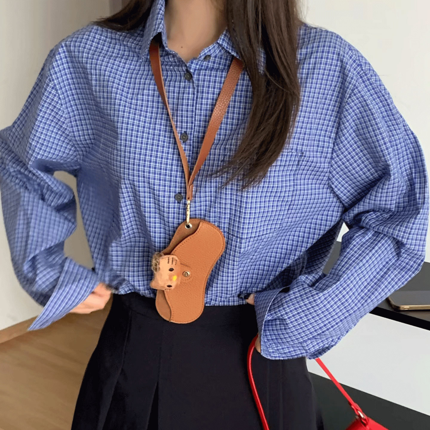 高定蓝色格子长袖衬衫上衣复古衬衣袖口流苏工艺百搭时尚休闲ins