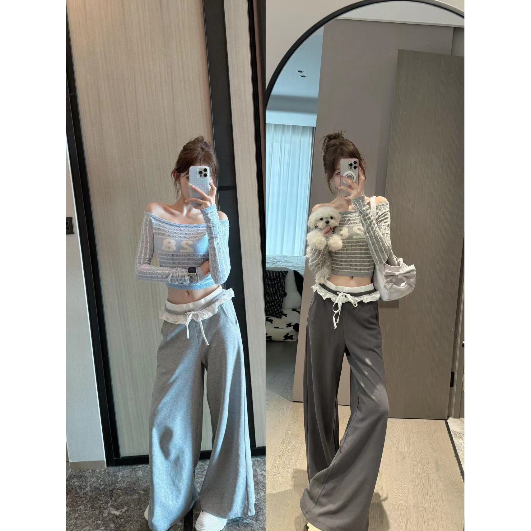 时尚穿搭女士秋季新款条纹露肩短款长袖上衣显瘦休闲裤宽松阔腿裤