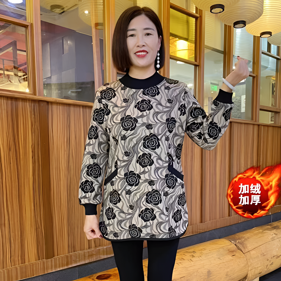 2024秋季新款打底圆领休闲玫瑰花加绒妈妈衫上衣