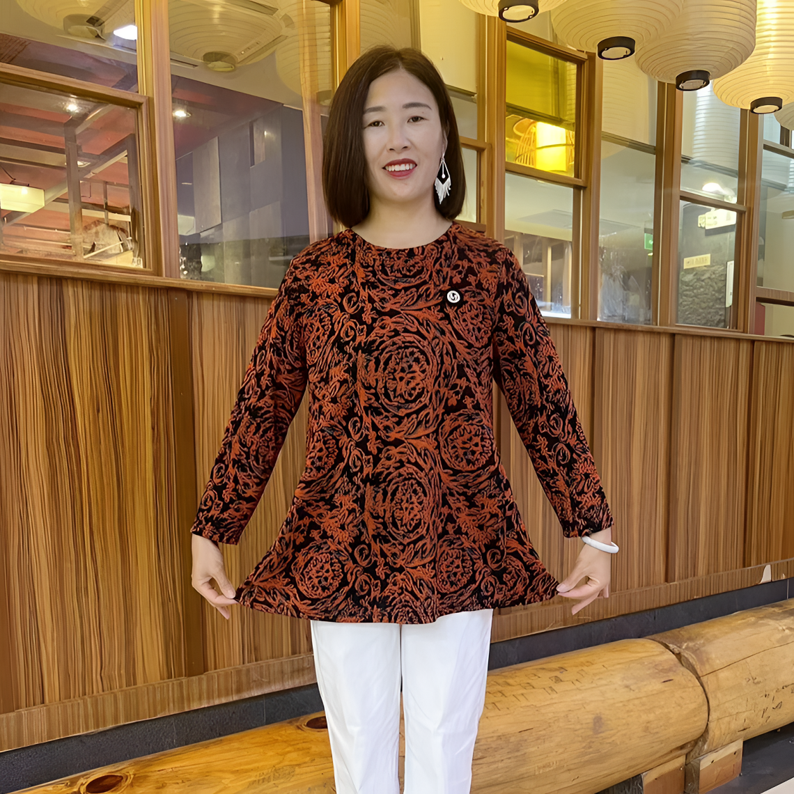 秋季新款时尚减龄显瘦宽松时尚圆领长袖中长款上衣