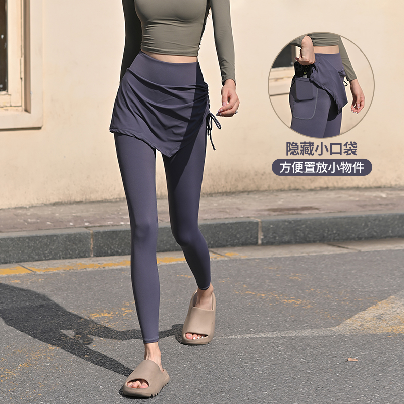 岚纹假两件抽绳运动跑步紧身瑜伽裤女显瘦训练骑行高腰收腹健身裤