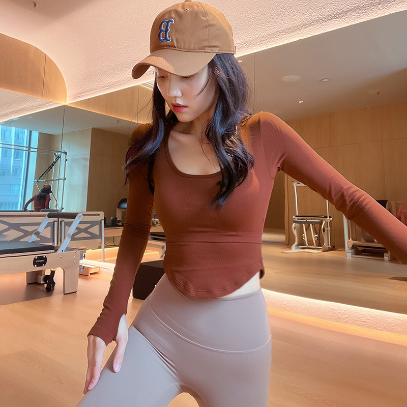 岚纹含胸垫瑜伽服女长袖休闲跑步T恤健身运动上衣弹力紧身速干U领