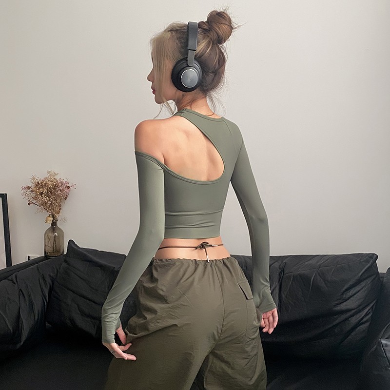 岚纹美背瑜伽上衣女紧身性感显瘦含胸垫运动长袖户外跑步健身服新