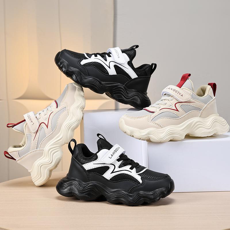 男童鞋春秋新款儿童皮面防水运动鞋中大童男孩黑色跑步老爹鞋