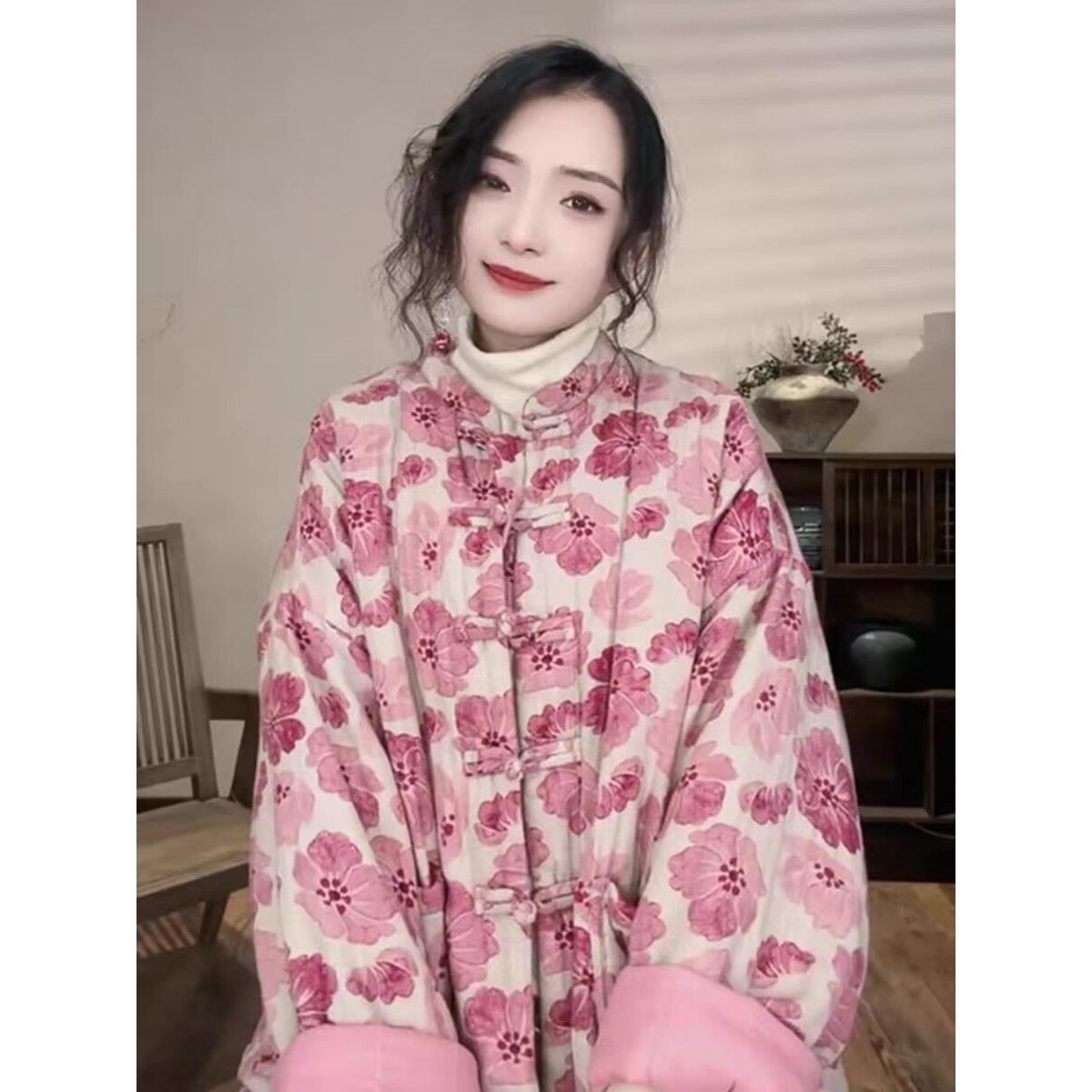 新中式国风碎花盘扣棉服女冬季国潮复古减龄棉袄夹棉加厚棉衣外套