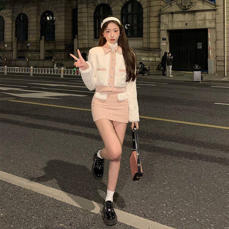 圣诞小香风套装裙女秋冬新款温柔风毛毛拼接厚外套富家千金两件套