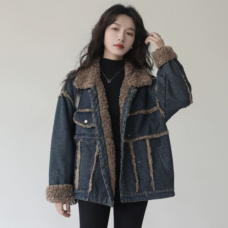 雅鹿2023冬季新款美拉德加厚保暖羽绒服文艺复古羊羔毛牛仔外套上