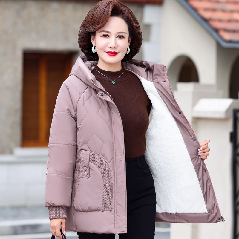 雅鹿妈妈秋冬装加绒加厚外套女宽松连帽羽绒服2023新款中年女装时