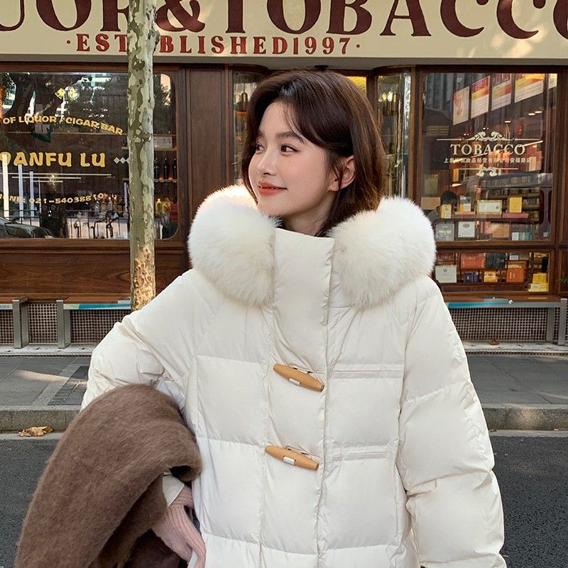 2023新款时尚设计冬季羽绒服中长款鸭绒加厚显瘦大毛领加厚外套