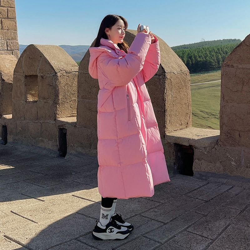 玫粉色羽绒棉服女冬季2023新款韩系温柔风长款过膝棉衣棉袄ins潮