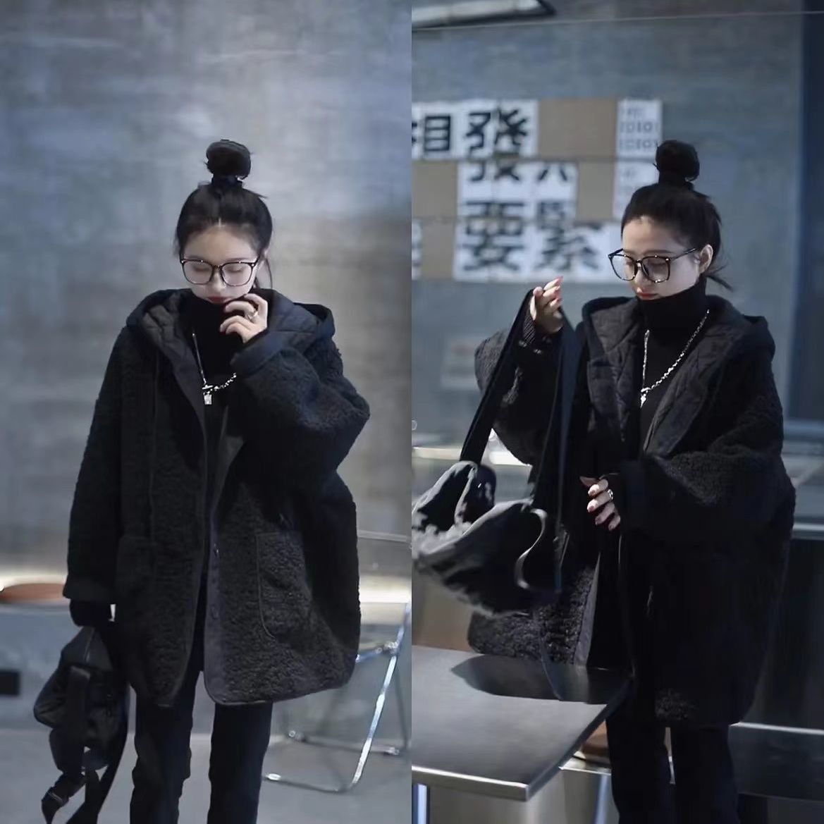 时尚休闲羊羔绒外套女外穿冬爆款2023新款宽松遮肉连帽中长款大衣