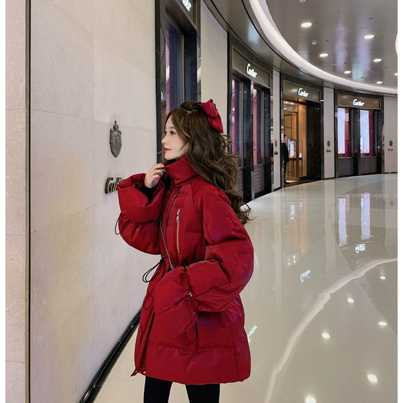 白鸭绒羽绒服女2023新款亮丝中长款小个子公主袖冬季加厚外套