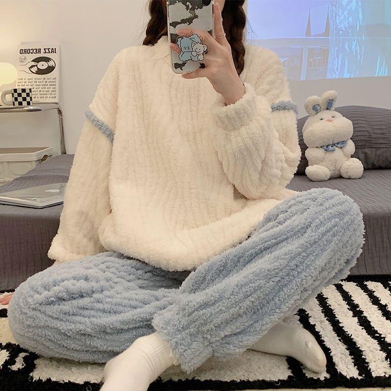 冬季树枝绒加厚睡衣女长袖新款保暖加厚加绒睡衣加绒家居服女套装