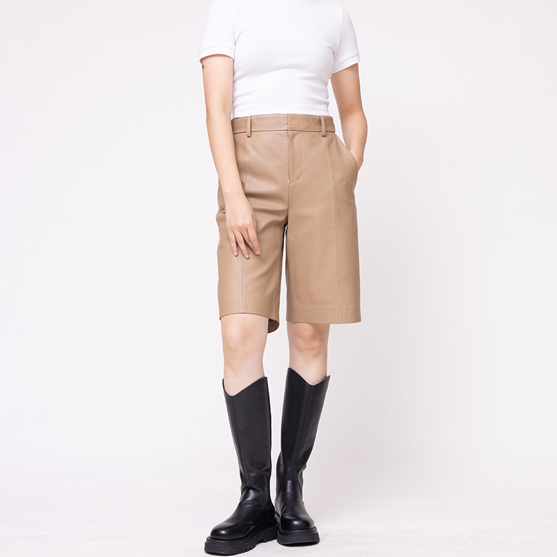 女款宽松直筒绵羊皮皮短裤秋冬款皮中裤五分裤208051