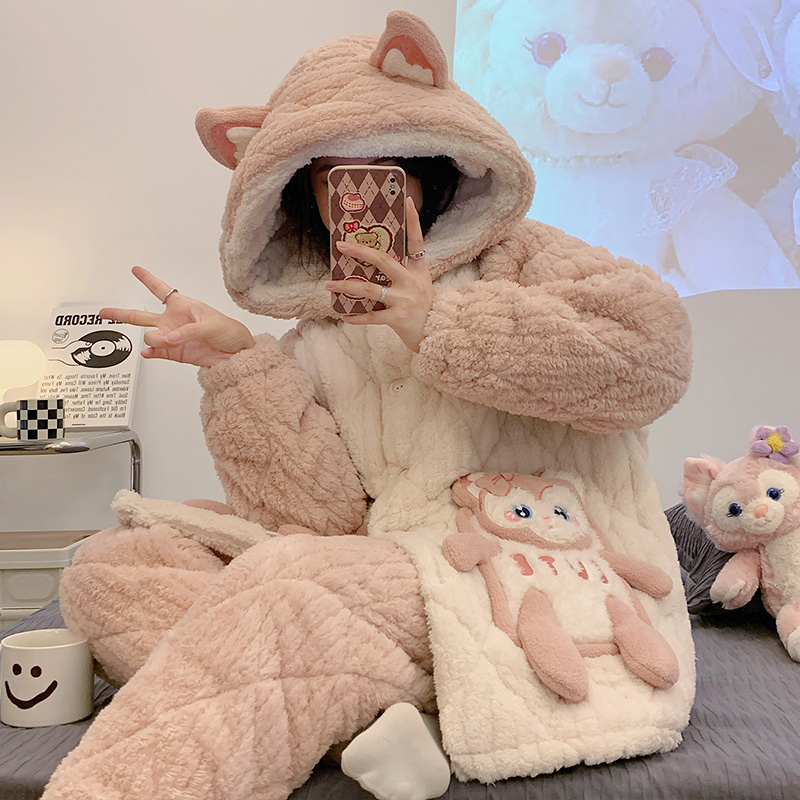 【伴美人】可爱猫拼接三层夹棉上衣加+裤子两件套装
