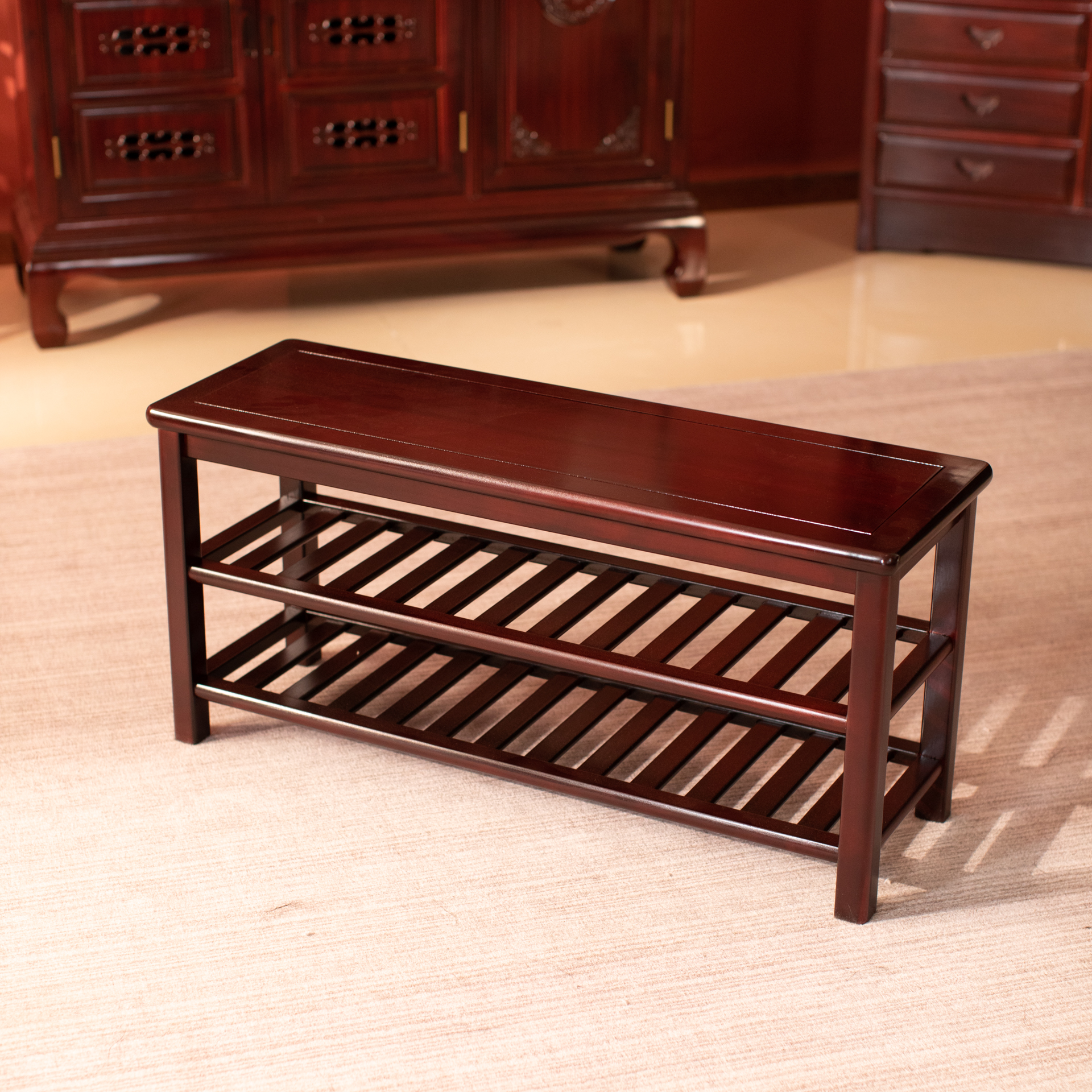 新中式90cm长原木换鞋凳收纳凳玄关穿鞋凳储物凳客厅置物