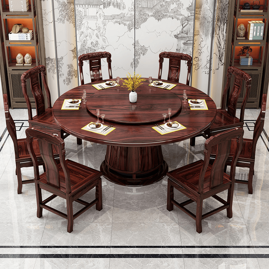 全实木饭桌子新古典餐桌椅新中式圆形餐厅圆桌高档转盘家用饭桌