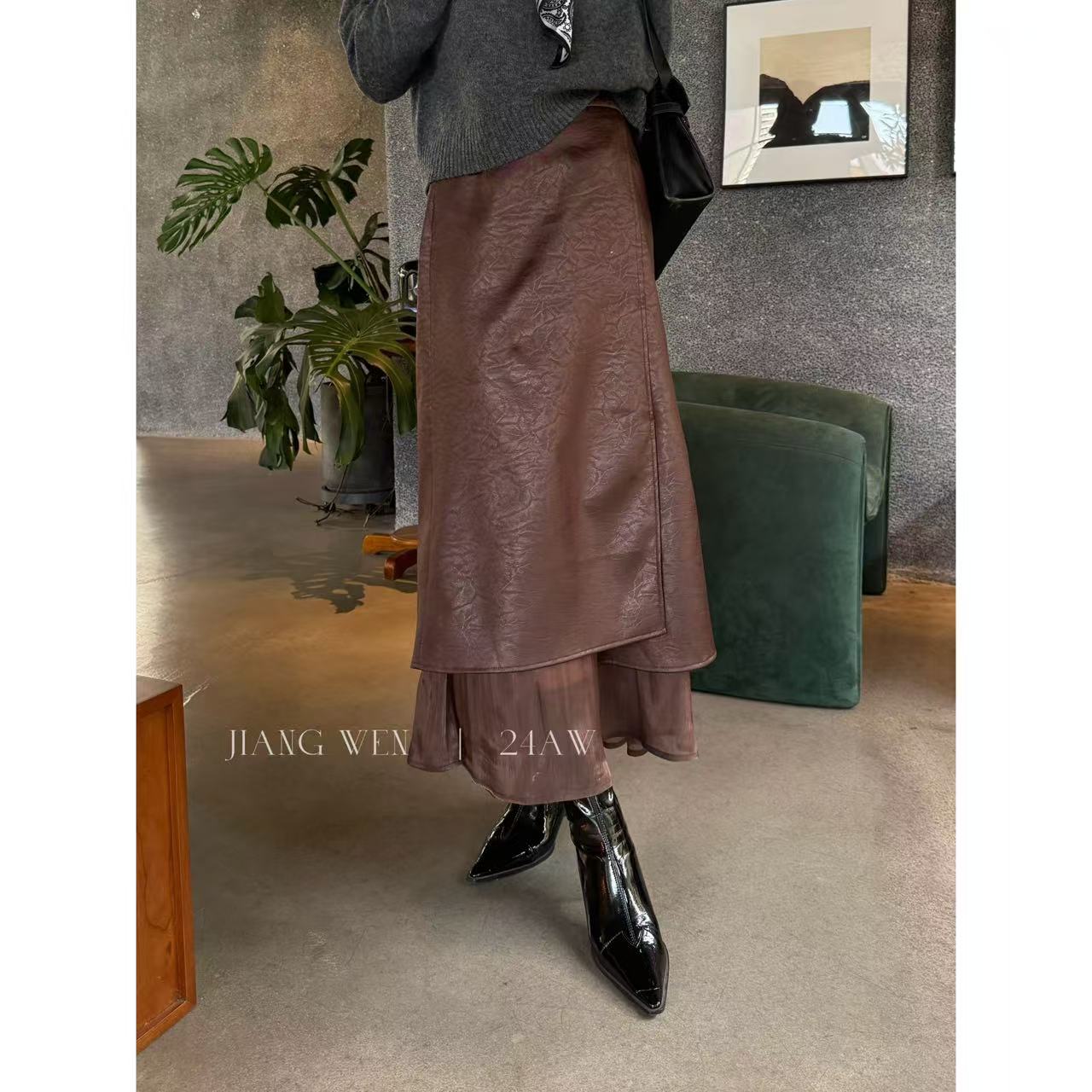 UKILAU【纹理半裙】设计感不规则拼接蕾丝缎面半身裙