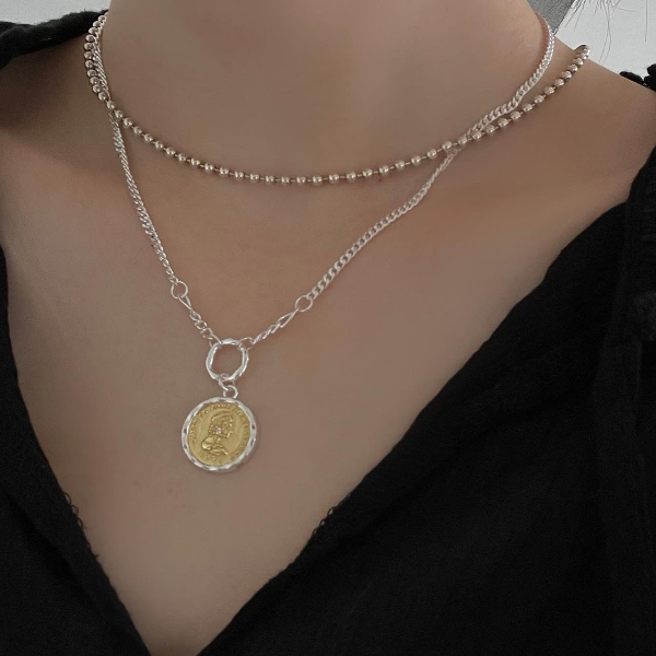 坠链均925银 人像铜币浮雕设计金银拼色轻奢气质百搭男女款锁骨链