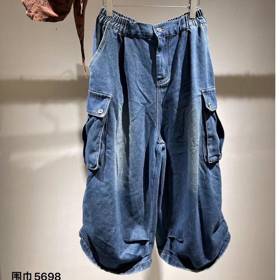 云屿白原创设计松紧腰牛仔工装裤复古休闲百搭5659