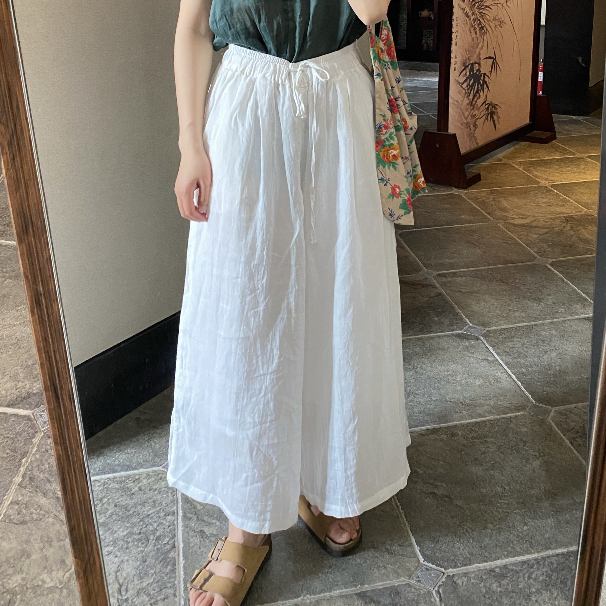 云屿白松紧腰苎麻阔腿裤百搭休闲复古做旧内衬双层薄款裤