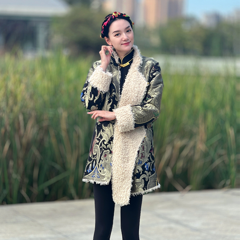 纤沫中长款中式时尚秋冬外套加绒国风藏族服装民族风冬季藏装女