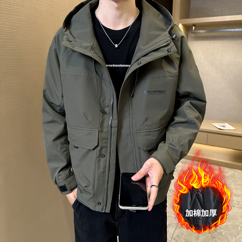 高品质 时尚连帽工装冲锋衣冬季防风运动休闲夹克加棉外套棉服男