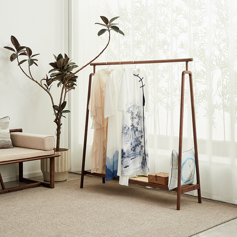 梵而新中式黑胡桃木衣帽架落地挂衣架实木简约家用衣服架子可收纳