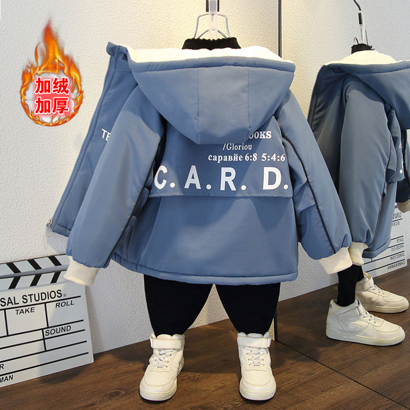男童秋冬棉衣2023新款加绒外套女童连帽加厚风衣冬季派克服潮