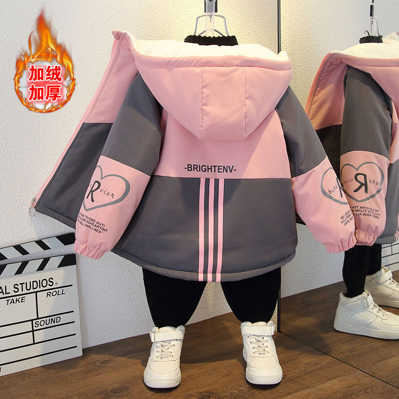 女童中大童外套加绒2023新款洋气男童时髦冬季加厚保暖派克服棉衣