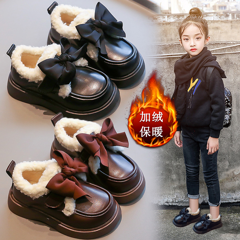 女童加绒小皮鞋蝴蝶结2023秋冬新款保暖公主鞋厚底爆款防滑